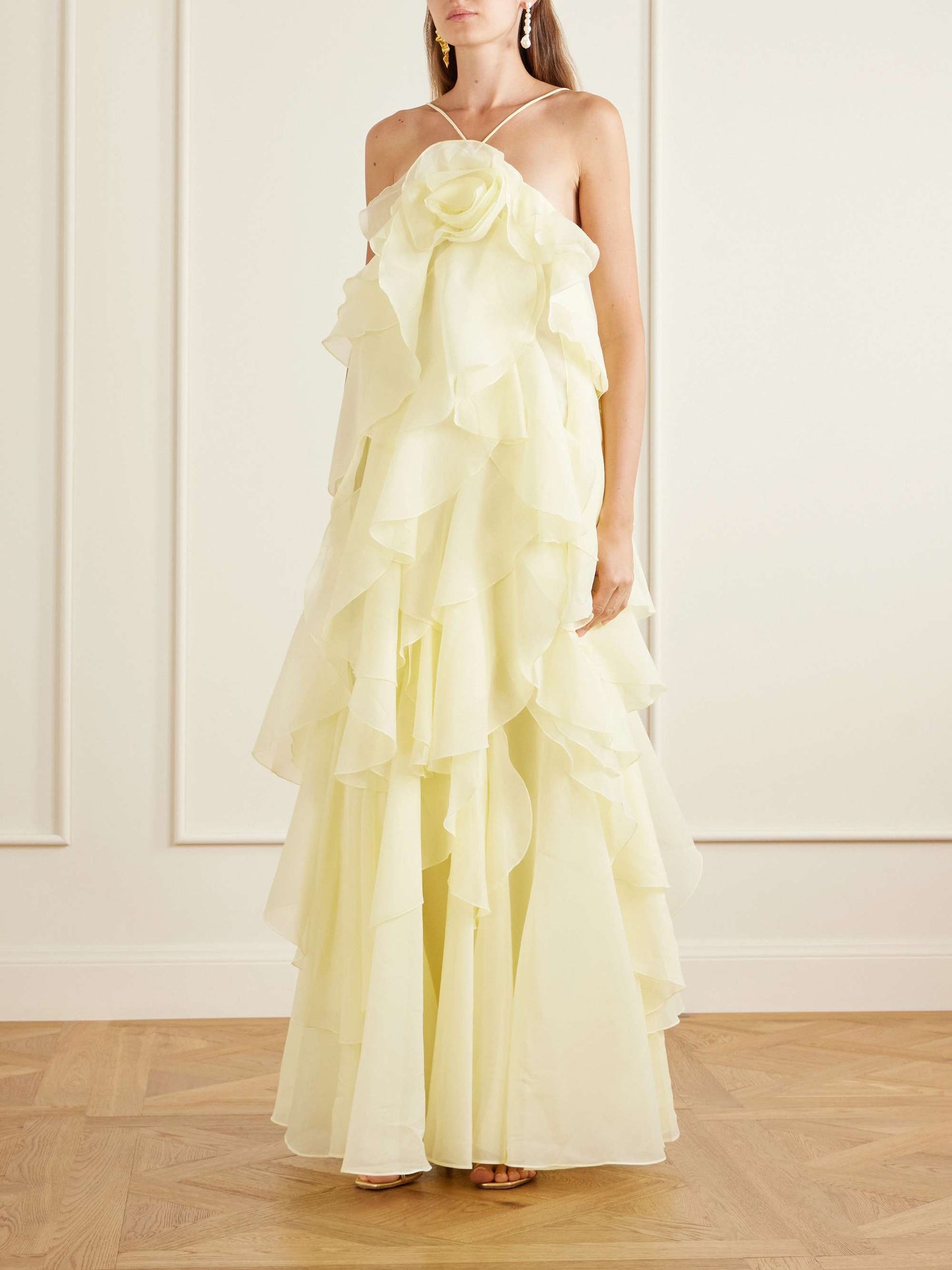 AJ Pandorea Halter Layered Maxi Dress in Iris Blue Floral & Butter Yellow