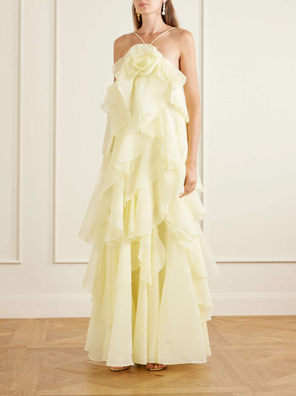 AJ Pandorea Halter Layered Maxi Dress in Iris Blue Floral & Butter Yellow
