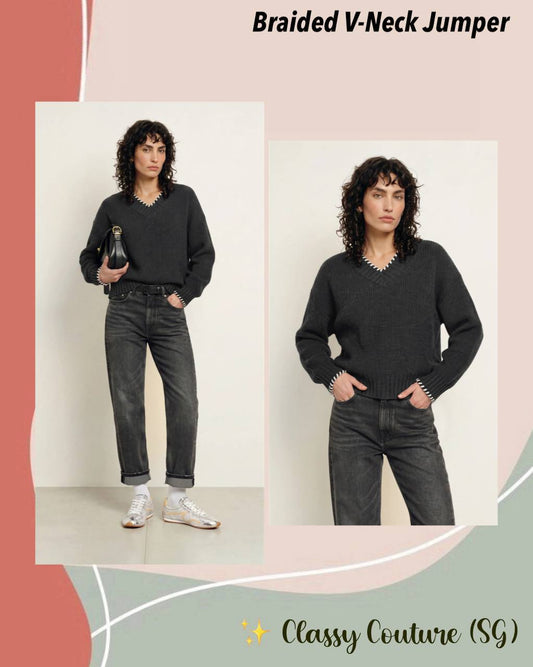 Grey Braided V-Neck Wool-blend Jumper Sweater