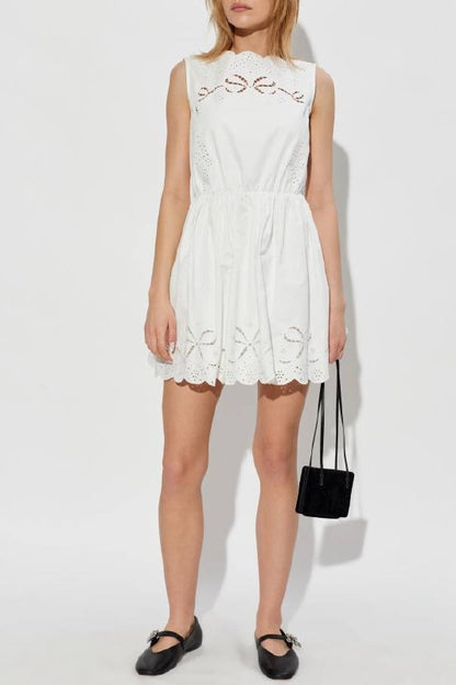 SP White Embroidered Cotton Midi Dress