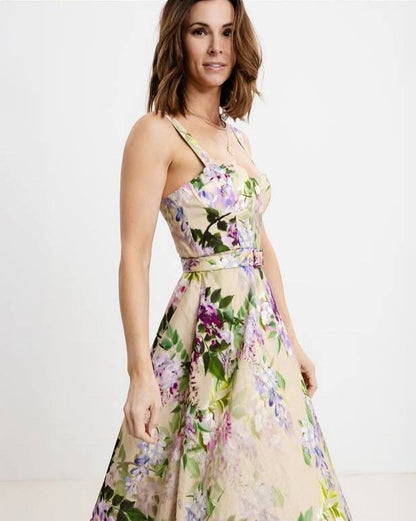 CC Calypso Bustier Belted Midi Dress in Floral Linen | Trellis Eyelet White Cotton