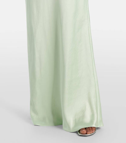 SP Mint Green Floral-Applique Cowl-neck Satin Gown Maxi Dress