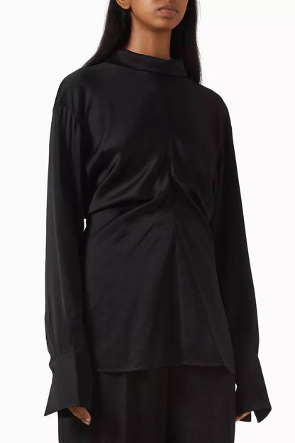 TOT Slouch Zip-Front Drape Satin Blouse Top