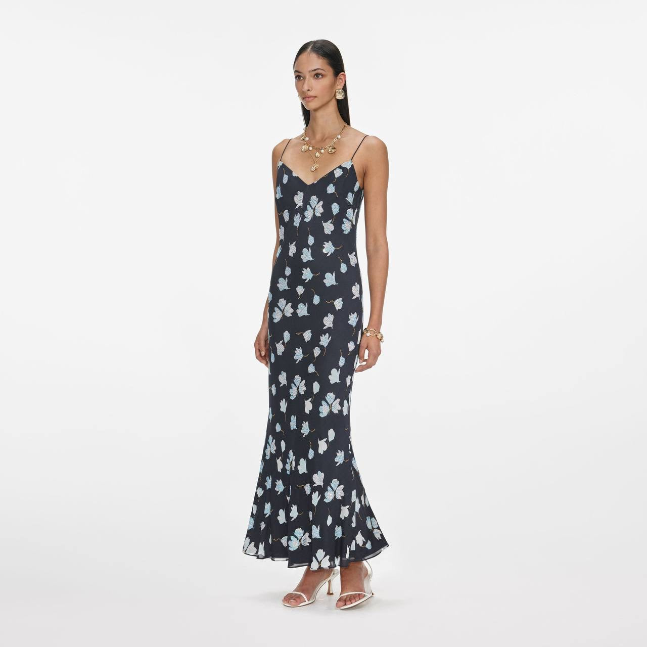 SP Navy Floral Rhinestone Strappy Midi & Maxi Dress
