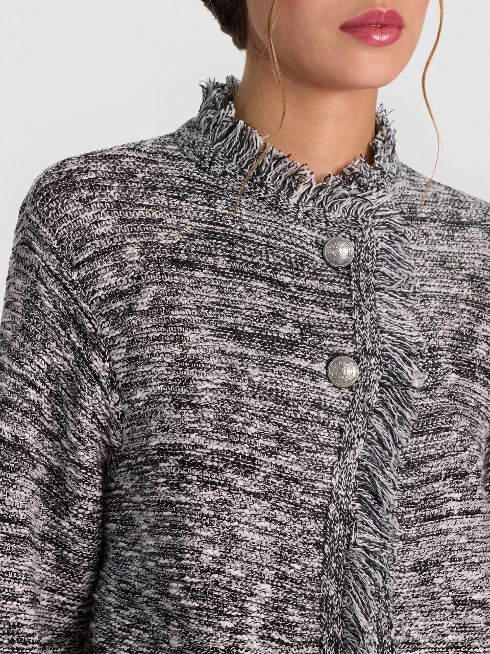Grey Janet Fringe Wool-cotton Boucle-tweed effect Jacket