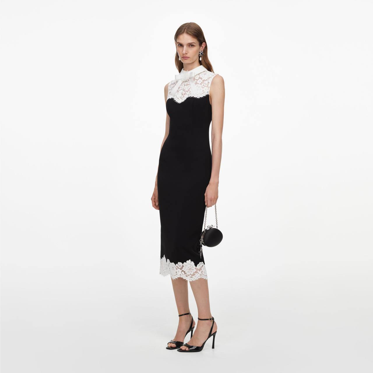 SP Black Contrast-Lace Bodice Midi Dress
