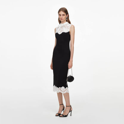 SP Black Contrast-Lace Bodice Midi Dress