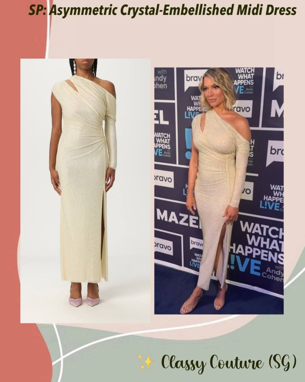 SP Yellow Asymmetric Rhinestone Gathered Midi Dress