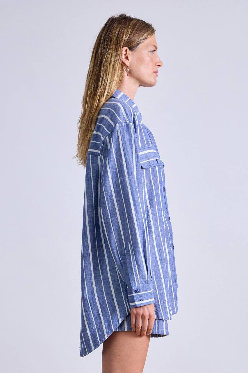 AA Flowe Pocket Button Up Shirt | Trail Shorts | De Vera Wrap Skirt | Striped Cotton Chambray Blue Set
