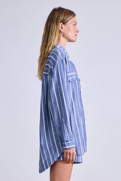 AA Flowe Pocket Button Up Shirt | Trail Shorts | De Vera Wrap Skirt | Striped Cotton Chambray Blue Set