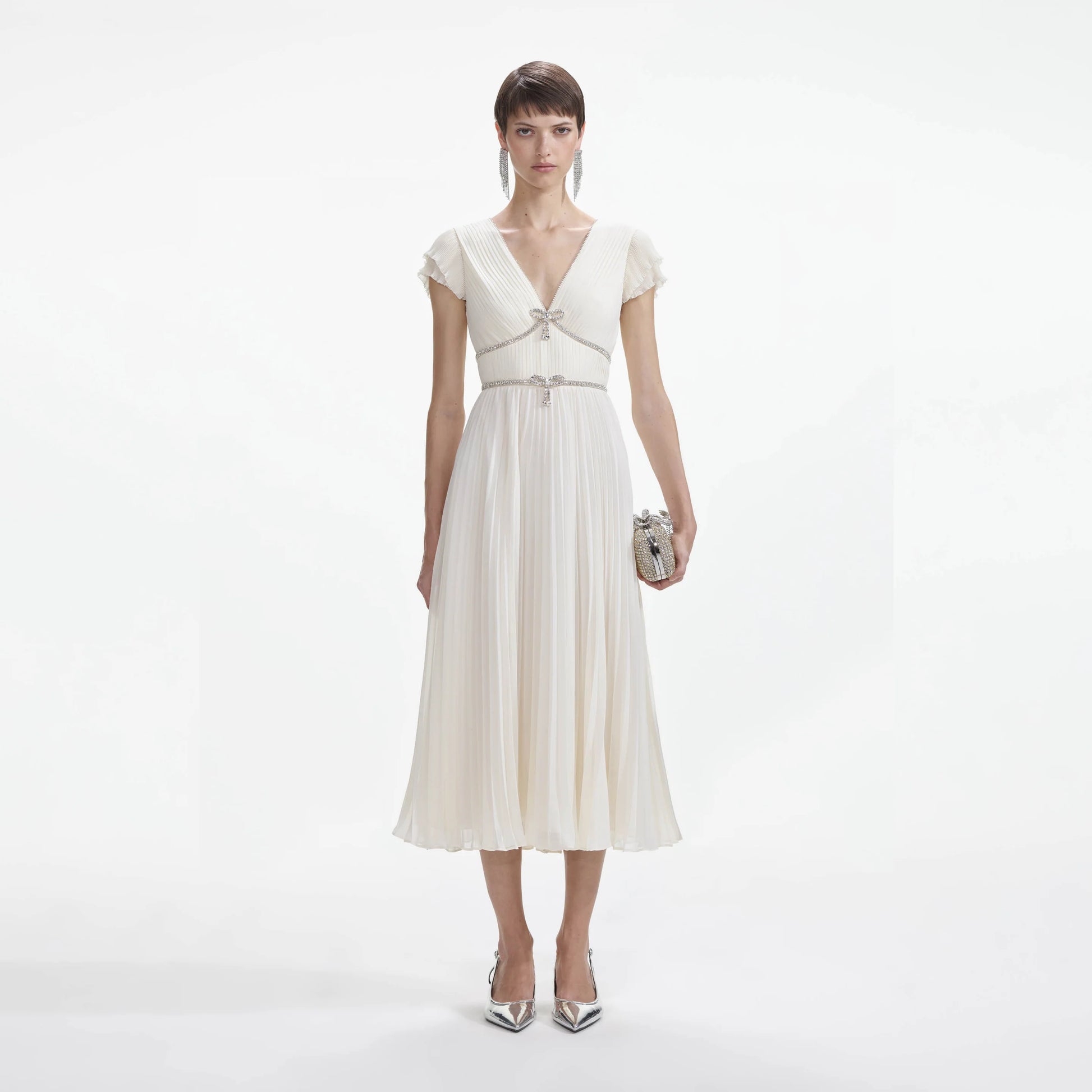 SP Cream Chiffon Pleated Midi Dress with Diamante Bow Ribbon Classy Couture (SG) SP Cream Chiffon Pleated Midi Dress with Diamante Bow Ribbon Classy Couture (SG)