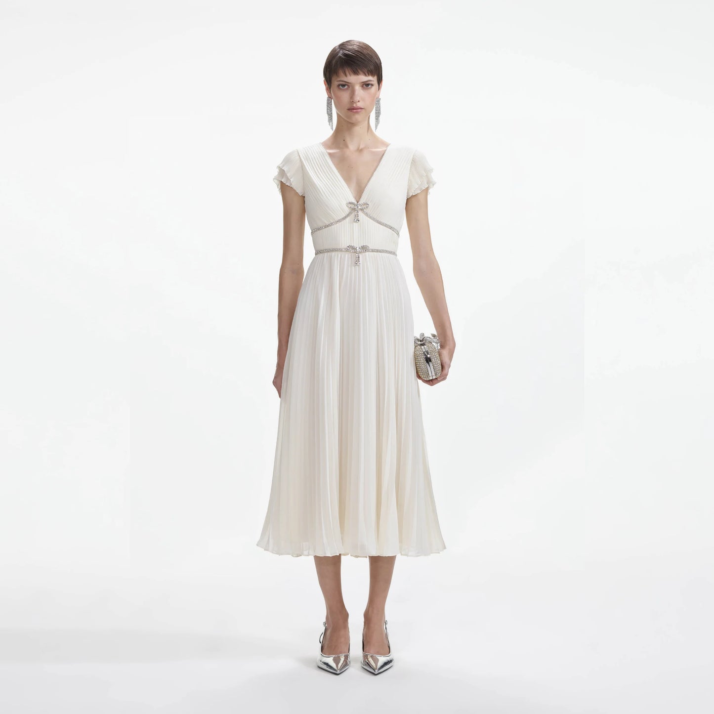 SP Cream Chiffon Pleated Midi Dress with Diamante Bow Ribbon