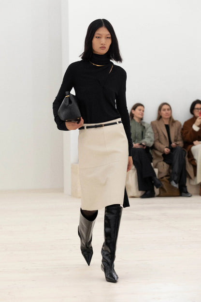 Tot Draped Scarf Fine Knit Top | Midi Skirt | Wool-Silk Set
