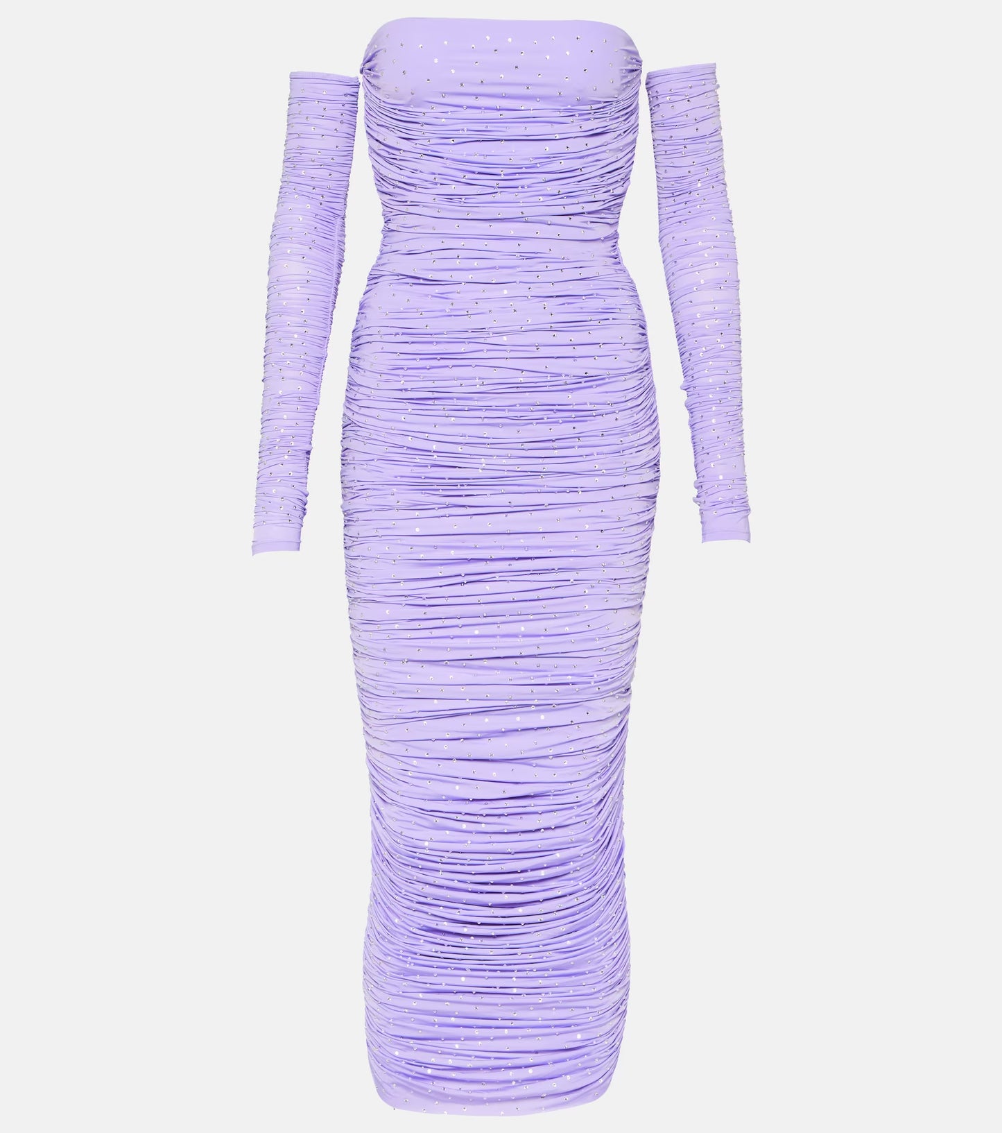 AP Crystal Ruched Jersey Gown with Gloves | Midi Maxi Dress Lilac with Clear Crystals