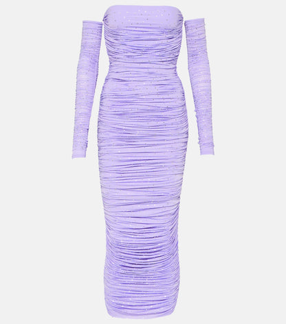 AP Crystal Ruched Jersey Gown with Gloves | Midi Maxi Dress Lilac with Clear Crystals