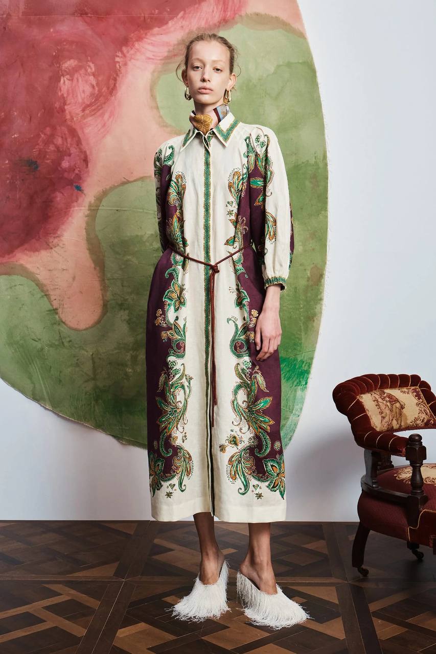 ALM002 Plum/Green Paisley Linen Shirtdress Mini Dress | Midi Dress
