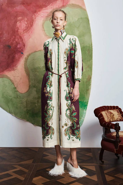 ALM002 Plum/Green Paisley Linen Shirtdress Mini Dress | Midi Dress