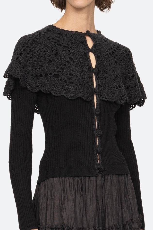 SE Black Nara Crochet Long Sleeve Cardigan Top With Capelet