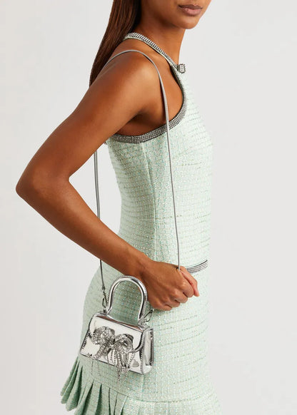 SP Bow Micro Metallic Leather Top Handle Bag with Detachable Strap