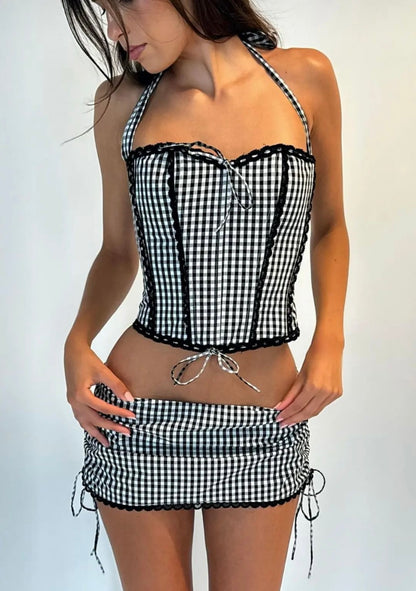 GZ Gingham Lace Corset Cotton Halter Top