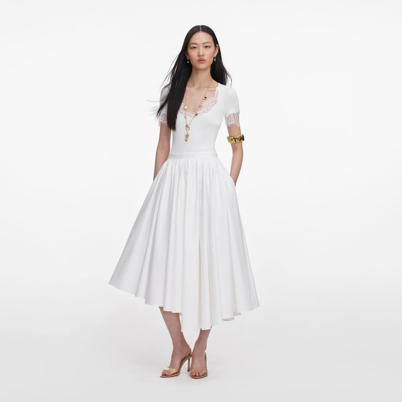 SP White Pointelle Short-Sleeve Sweater Top | Midi Skirt | Set