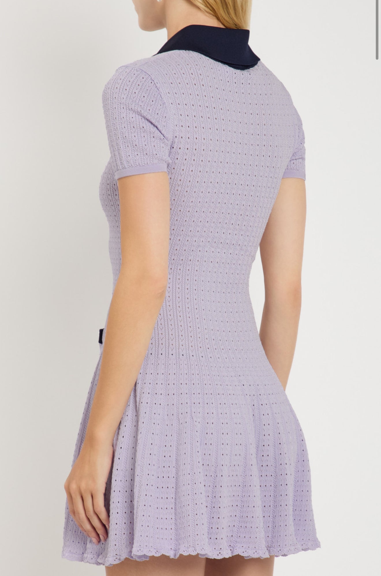 SP Pointelle Knit Contrast Collar Mini Dress in White | Lilac Purple