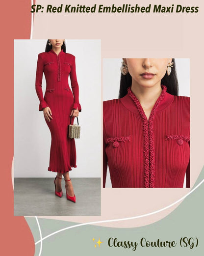 SP Red Knitted Embellished Midi Maxi Dress