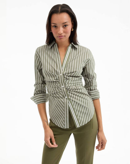 VB Devra Striped Button-Down Ruched Cotton-Blend Shirt