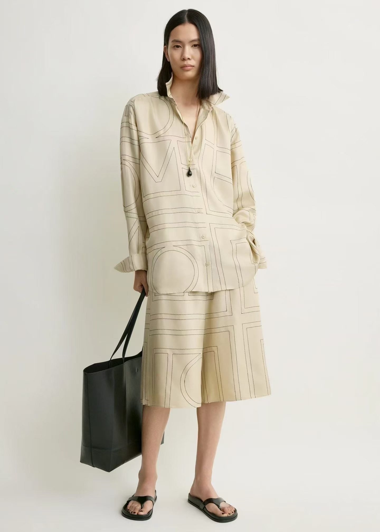 Tot Classic Monogram Embroidered Silk Satin Shirt | Bermuda Culottes Long Shorts | PJ Set