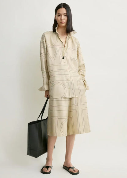 Tot Classic Monogram Embroidered Silk Satin Shirt | Bermuda Culottes Long Shorts | PJ Set