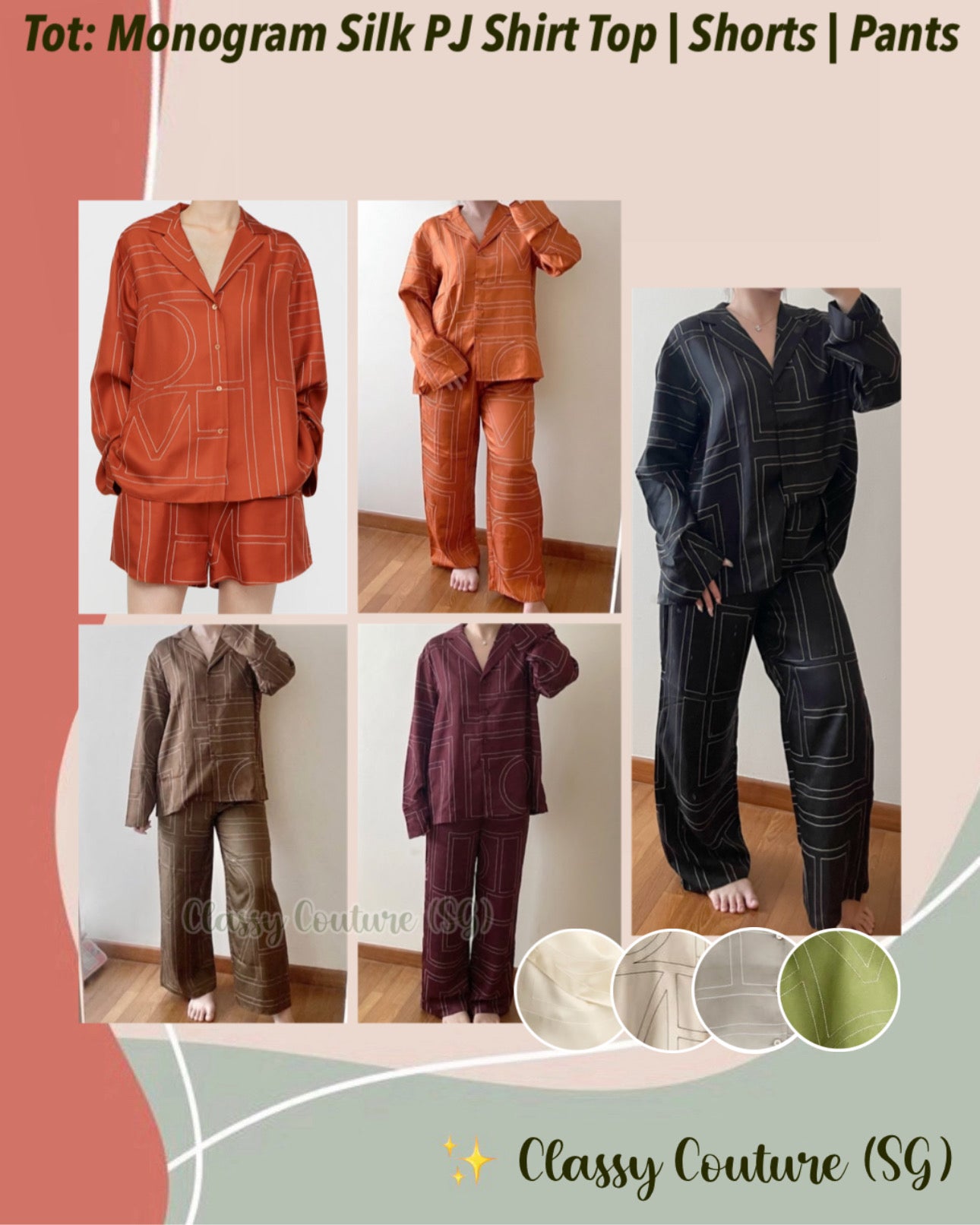 9 Colors! (PART 1/2) Tot Monogram Silk PJ Shirt Top | Shorts | Pants | Embroidered Set