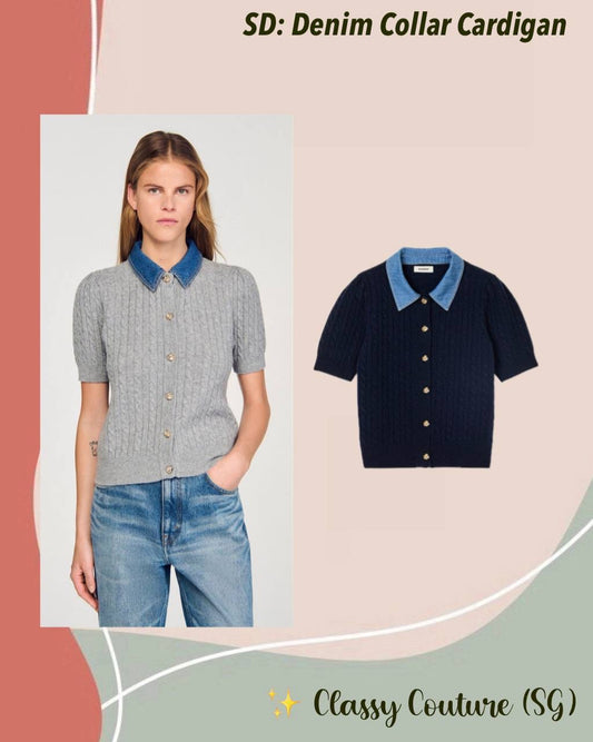 SD Mado Denim Collar Short-sleeved Wool-Cashmere Cable Knit Cardigan