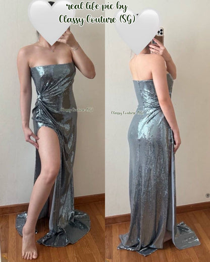 AP Sequined Gathered/Twisted Strapless Gown Maxi Dress