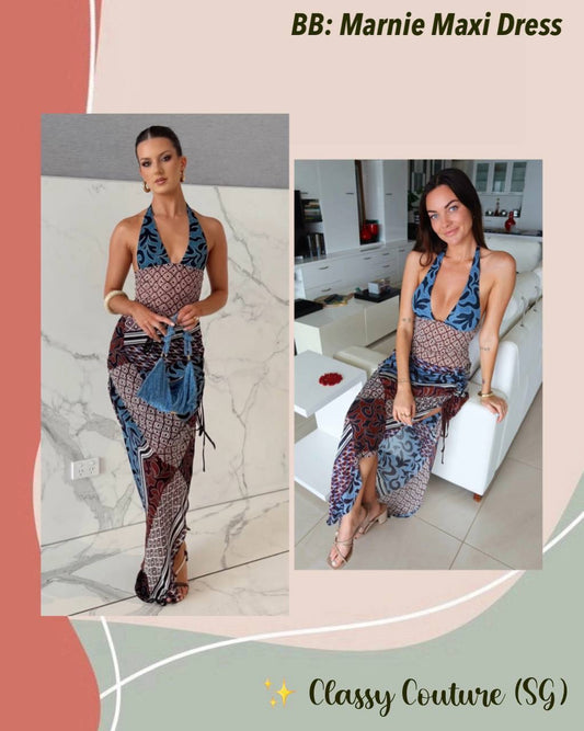 BN Marnie Halter Plunge Maxi Dress in Terra Mosaic Print