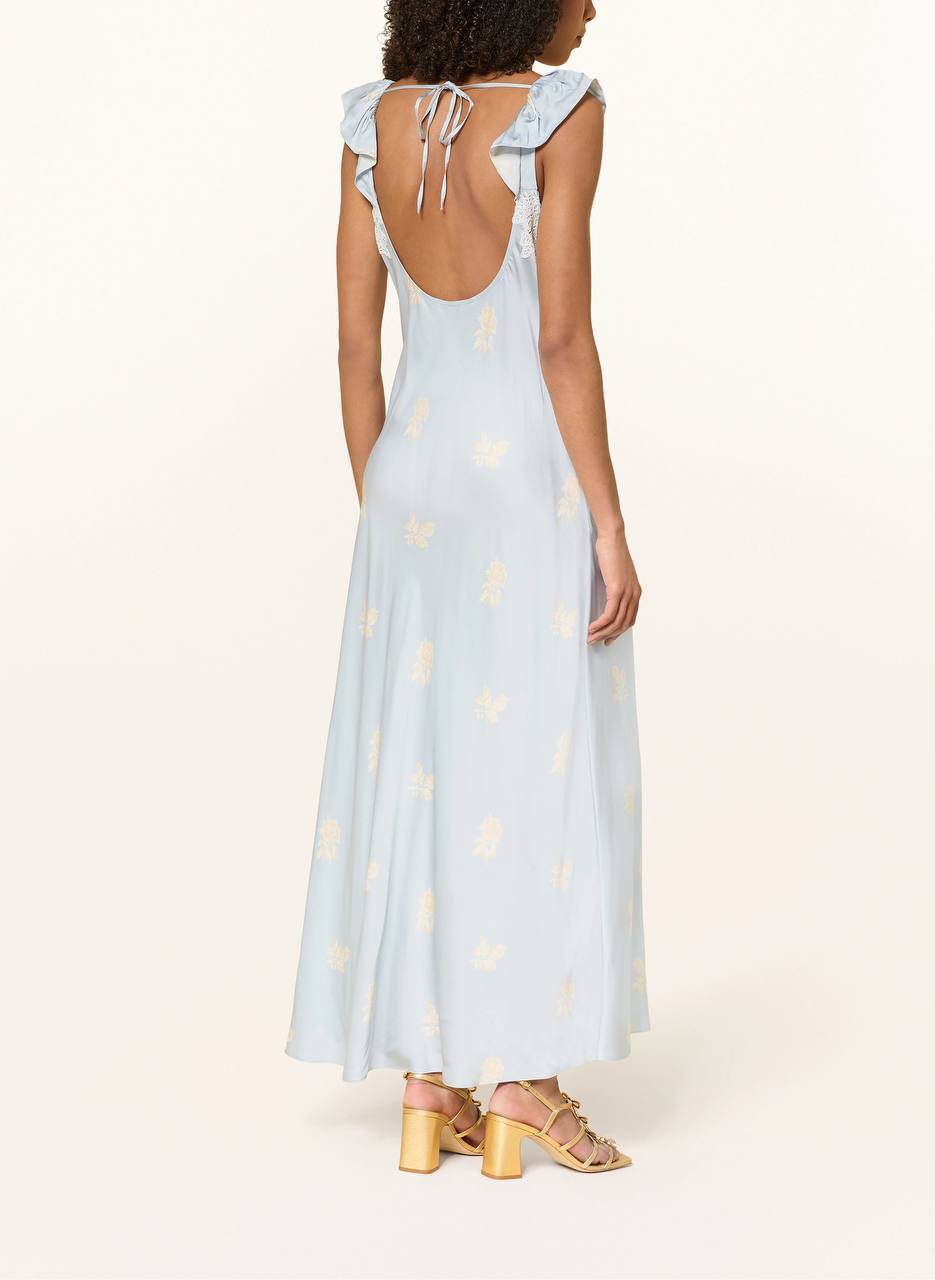 CP Viscose Satin Blue Floral Print Lace-front Maxi Dress