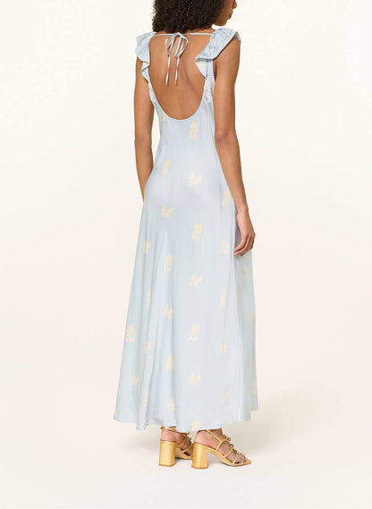 CP Viscose Satin Blue Floral Print Lace-front Maxi Dress