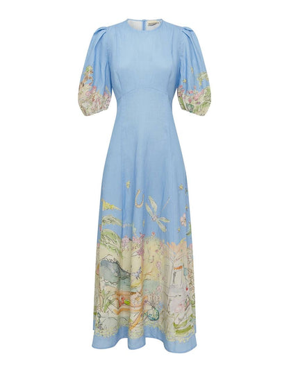 ALM Anouk Puff Sleeve Linen Midi Dress