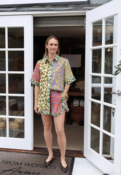 ALM022 Kaleidoscope Floral Spliced Shirt | Short | Hemp Linen Set