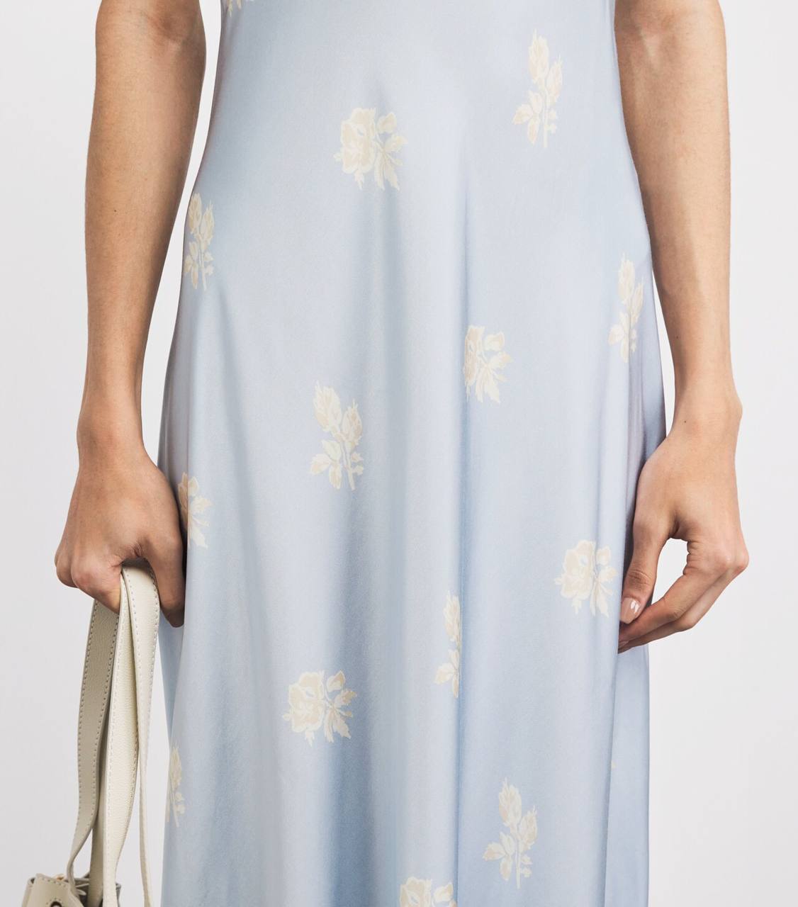 CP Viscose Satin Blue Floral Print Lace-front Maxi Dress
