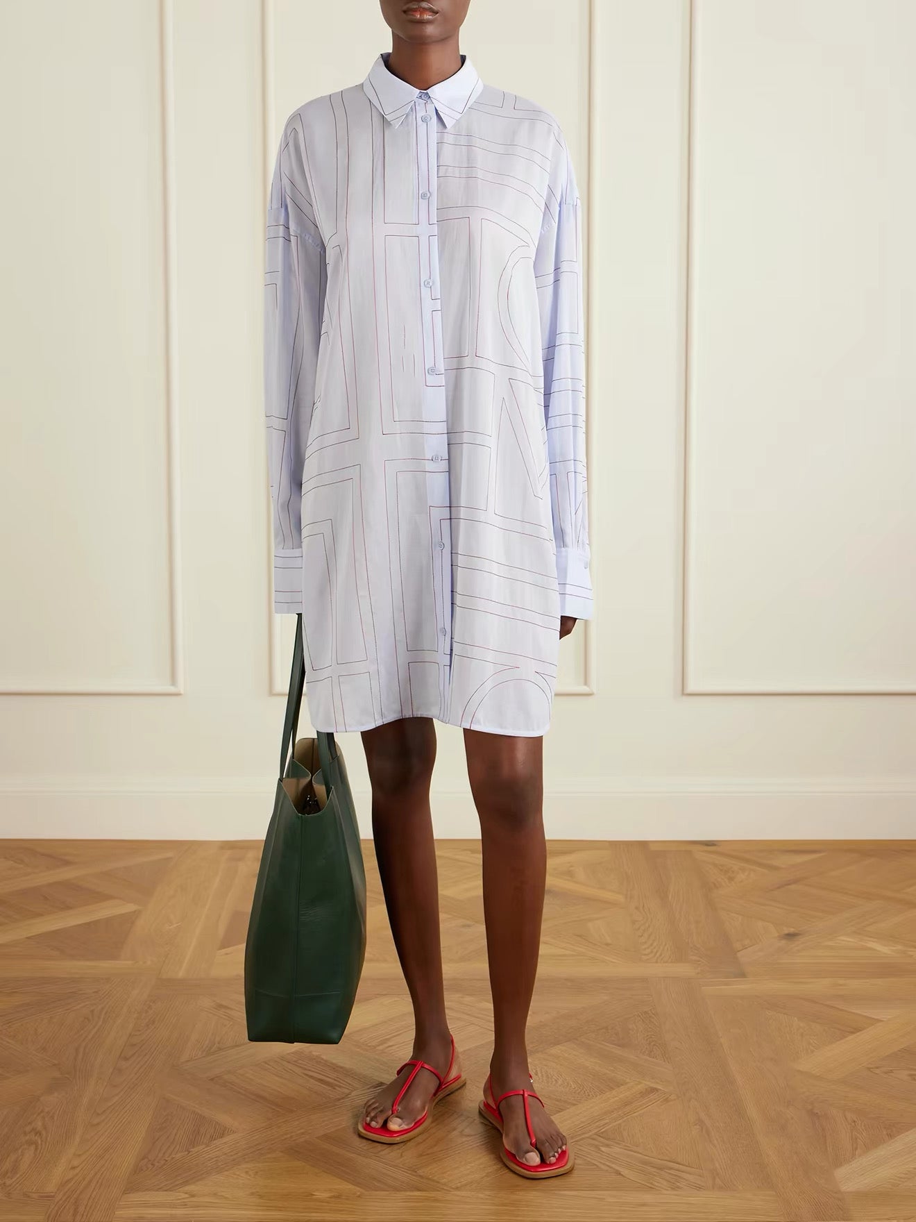 4 Colors! Tot Long Summer Cotton-blend Embroidered Monogram Oversized Shirt Shirtdress Mini Dress