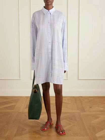 4 Colors! Tot Long Summer Cotton-blend Embroidered Monogram Oversized Shirt Shirtdress Mini Dress