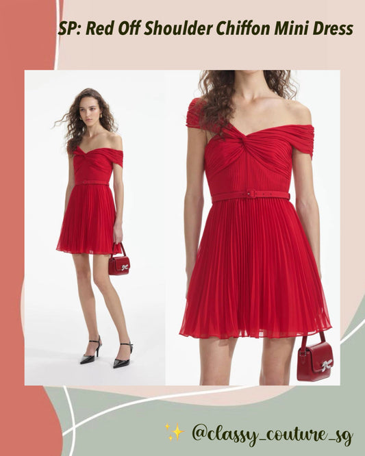 SP Red Off Shoulder Chiffon Mini Dress with Belt