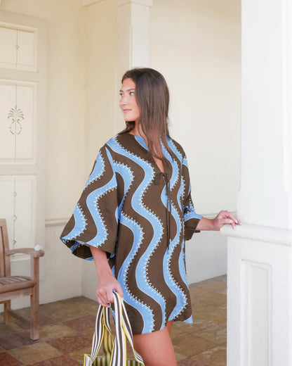 ALM024 Bold Brown/Blue Wave Stitch Tunic Shift Linen Mini Dress