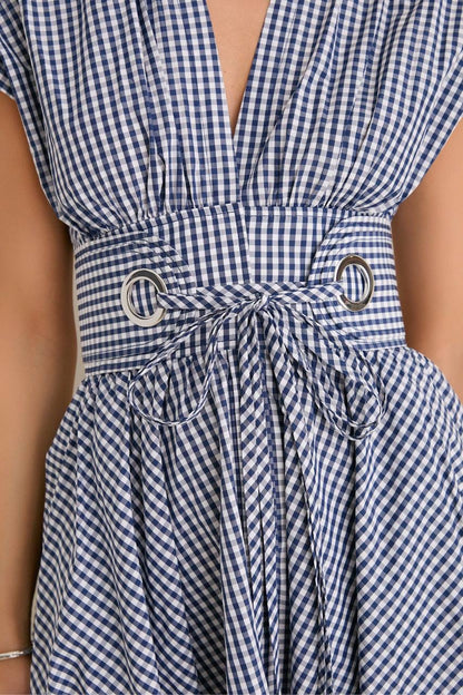 2 Colors! ALX Riviera Cotton-Viscose Midi Dress in White & Navy Gingham Blue
