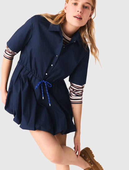 MJ Romimita Short-Sleeved Cotton Bubble Drawstring Mini Dress Shirtdress