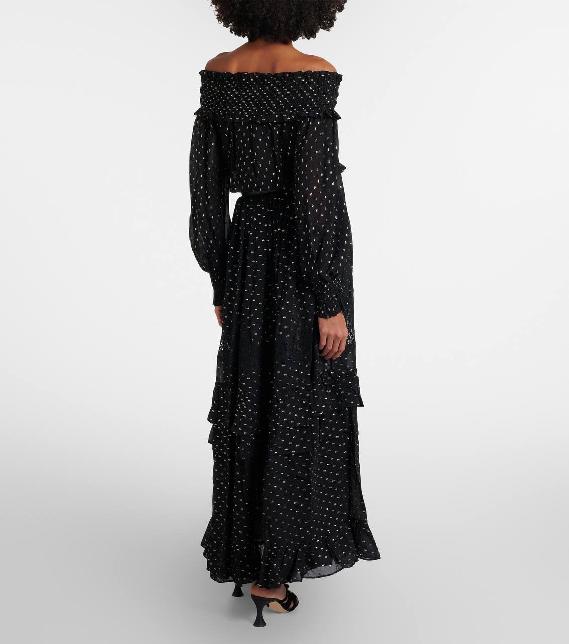 SP Black And Gold Chiffon Off Shoulder Top | Tiered Maxi Skirt | Set