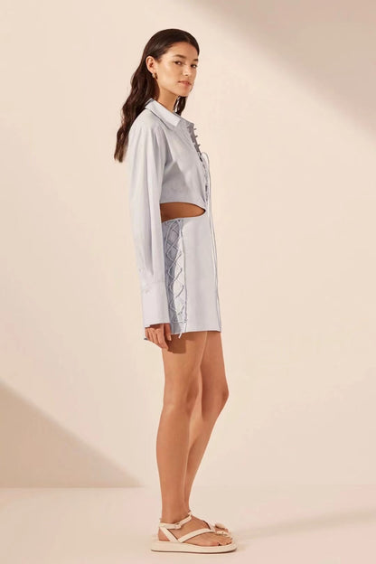 SJ Amada Lace Up Cut Out Shirt Mini Dress in Ice Blue