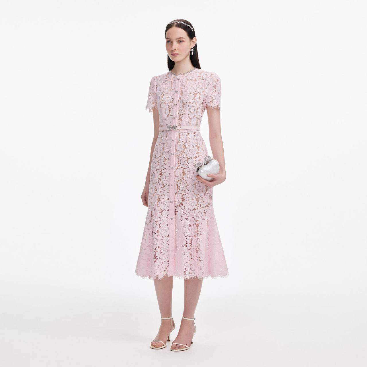 SP Pink Lace Bow Trim Midi Dress
