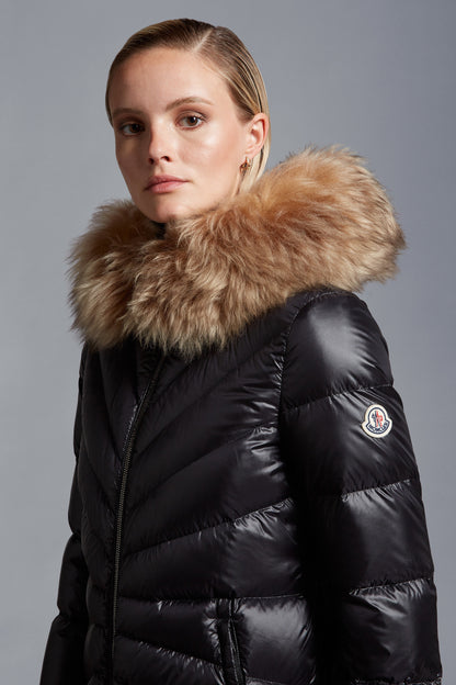 MC Chandre Long Down Puffer Jacket Coat With Removable Shearling Trim in Black