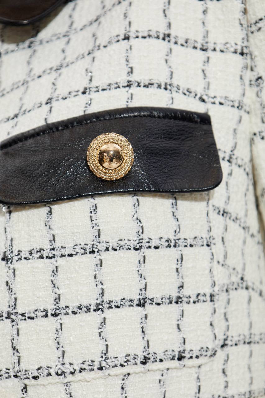 SP Check Boucle Leather Trim Long Sleeve Mini Dress